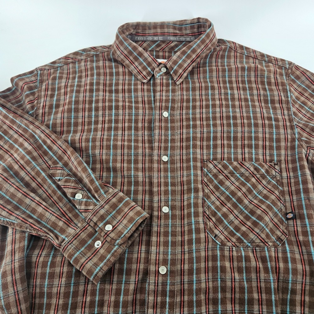Dickies Work Shirt Mens 2XT Brown Plaid Long Sleeve Button Up Flannel Tall Big